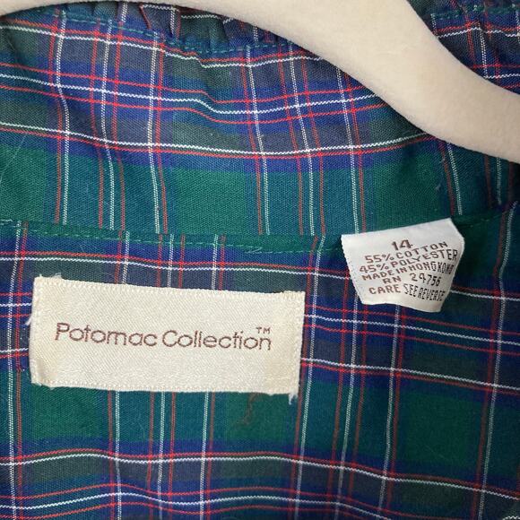 Vintage Womens L Green Plaid Puff Sleeve Ruffle Shirt Dark Academia Office Retro - Picture 5 of 10